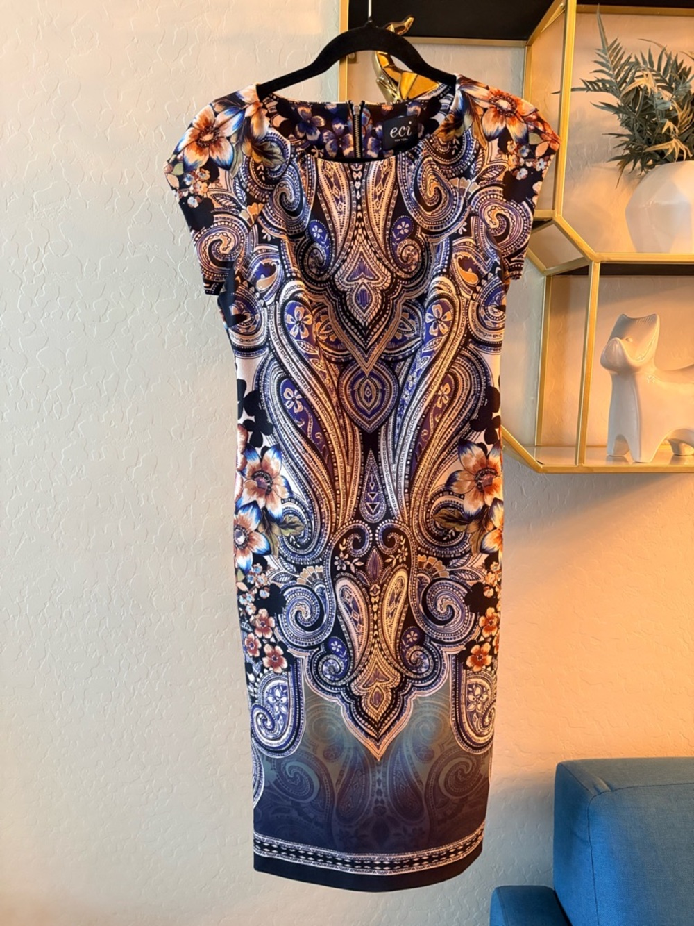 ECI Boho Paisley Floral Midi Sheath Dress Womens size 2